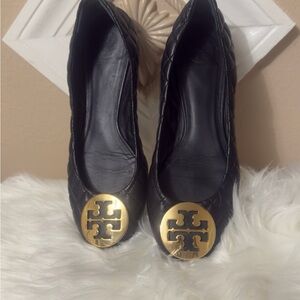 Tory Burch Quilted Black Flats with Gold Logo